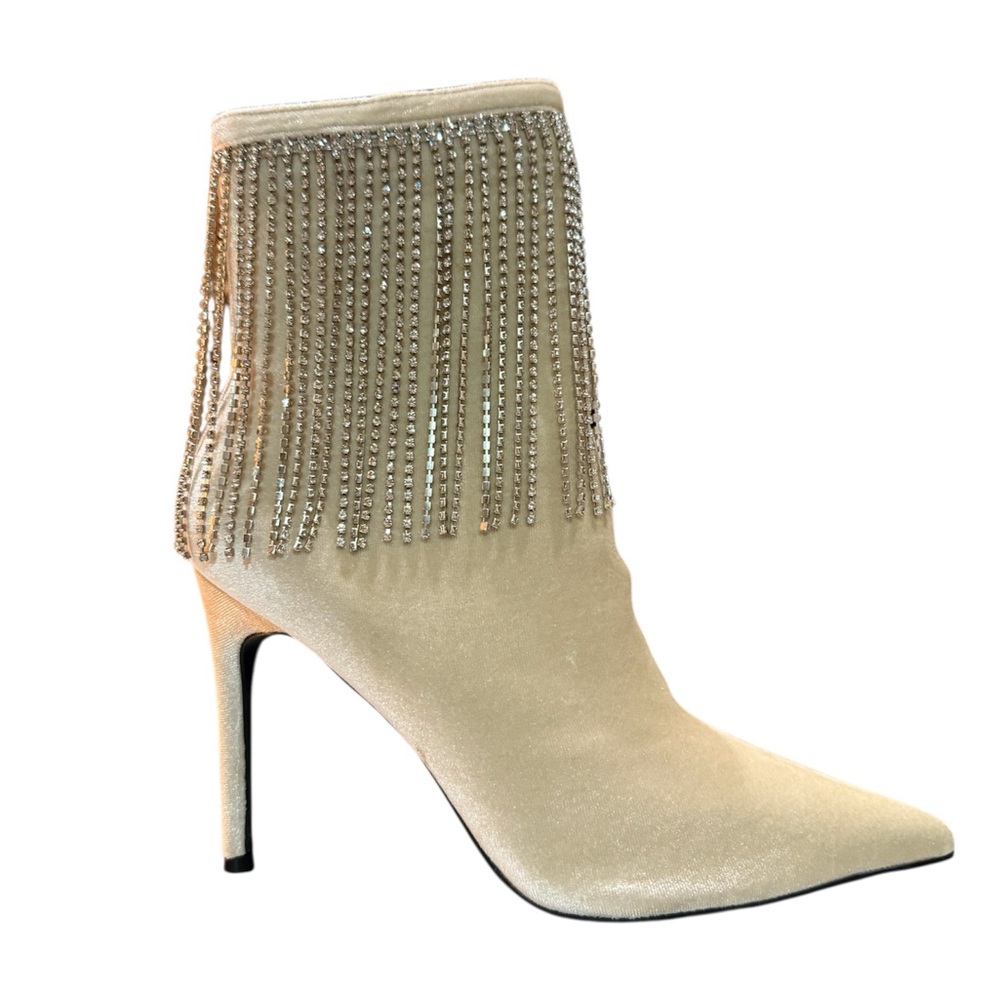 NIB! Kayleen by Los Angeles Nude Stiletto Ankle Boots with Rhinestone Fringe